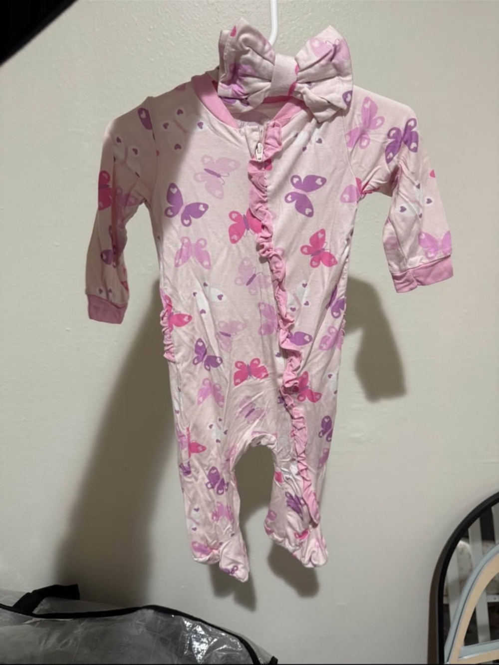 Pink Butterfly Ruffle Zip-Front Footie for Kids